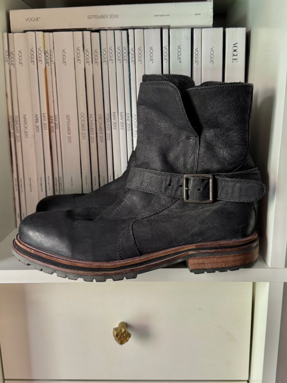 H by Hudson black leather motorcycle boots Nubuck chic moto buckle boot shoes - Picture 2 of 16